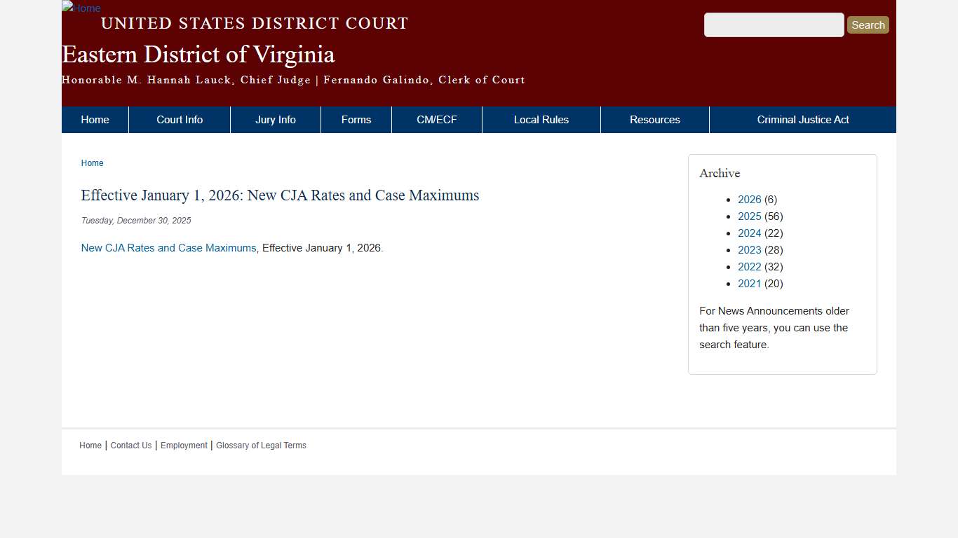 Effective January 1, 2026: New CJA Rates and Case Maximums Eastern District of Virginia United States District Court